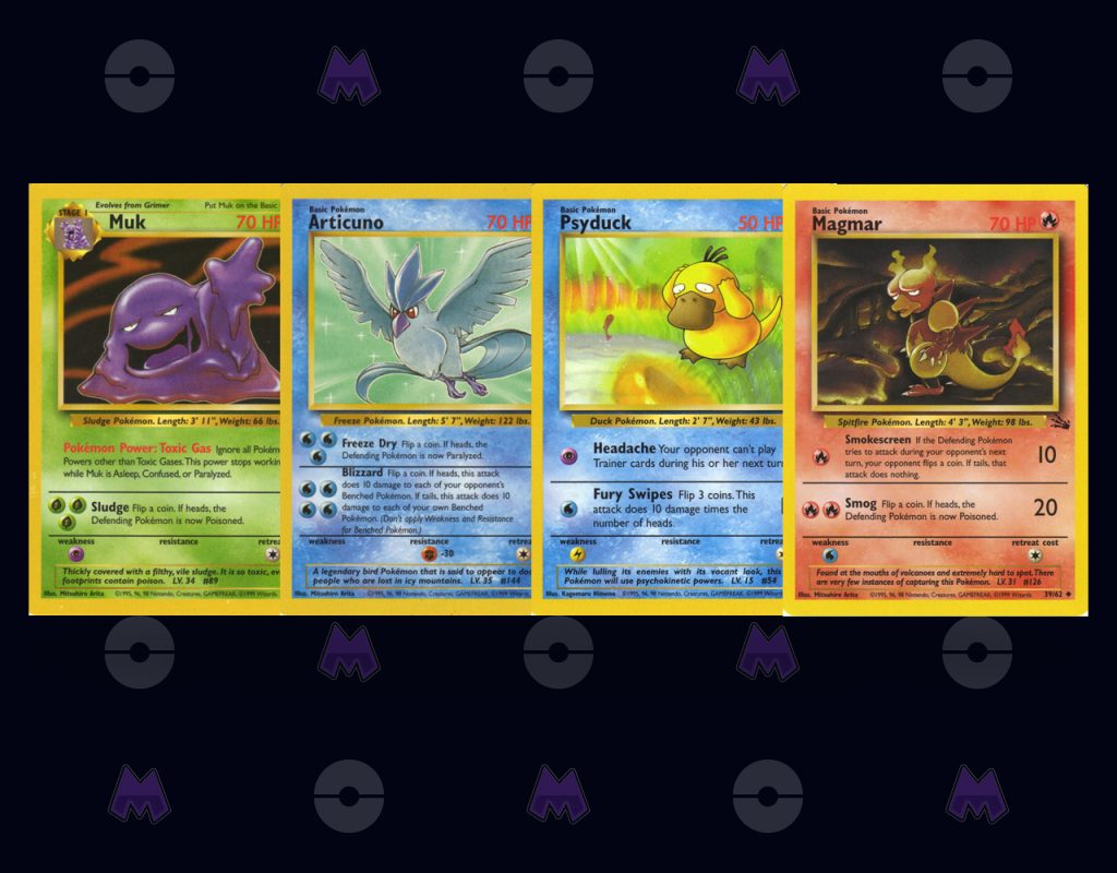 Best Fossil expansion pokemon cards - Muk, Articuno, Psyduck, Magmar.