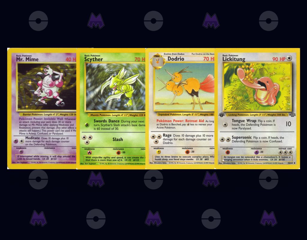 Best Jungle expansion pokemon cards - Mr. Mime, Scyther, Dodrio, and Lickitung.